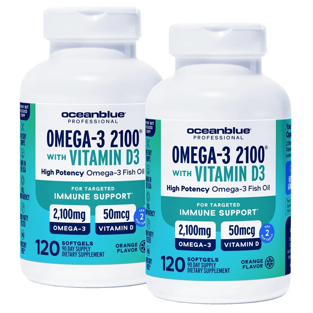 海洋蓝专业Omega-3 2100 配有维生素D3 – 120 cm - 2 pack – 配有高概率环保署,DHA,DEA 和维生素D3 的三强无鱼油补充剂 – 野生-捕捉 – 橙色火焰