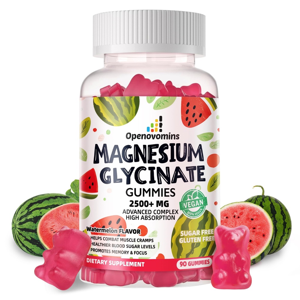 Magnesium Glycinate Gummies 2500mg - Sugar Free Magnesium Potassium Supplement with Vitamin D, B6, CoQ10 for Calm Mood & Sleep Support - 90 Watermelon Gummies