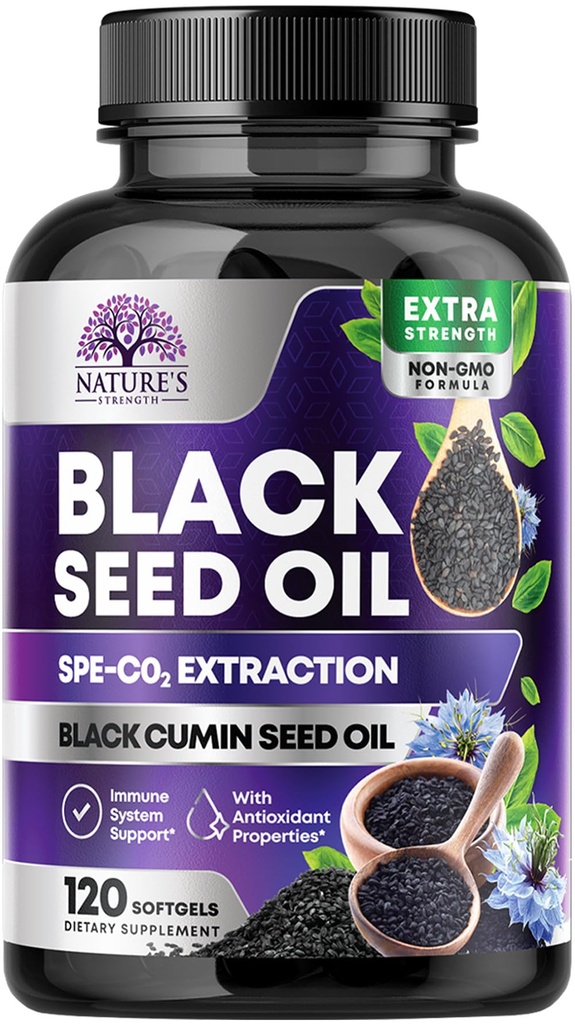 黑籽油盖 1000mg 配Thymoquinone - 纯 Nigella Sativa 支持皮肤健康和免疫, 100% 黑籽油, 神奇采掘 凌驾于冷压的黑库明种子之上 - 120 软胶