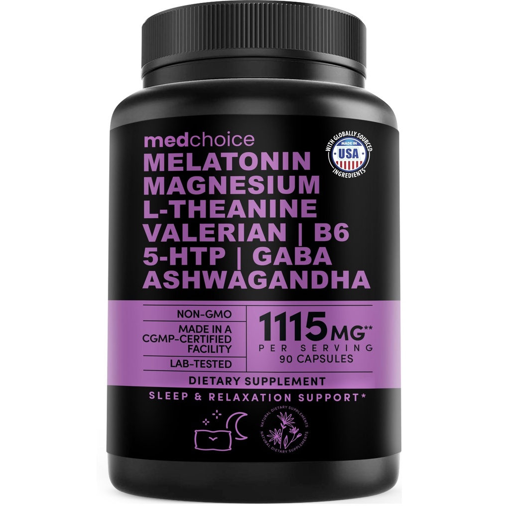 12-in-1 Melatonin Sleep Capsules - 成人天然睡眠辅助剂,配有Melatonin 5mg和Glycnit镁500mg,配有Ashwagandha、L Theanine、Valerian Root、GABA、5-HTP(90ct,包装1)