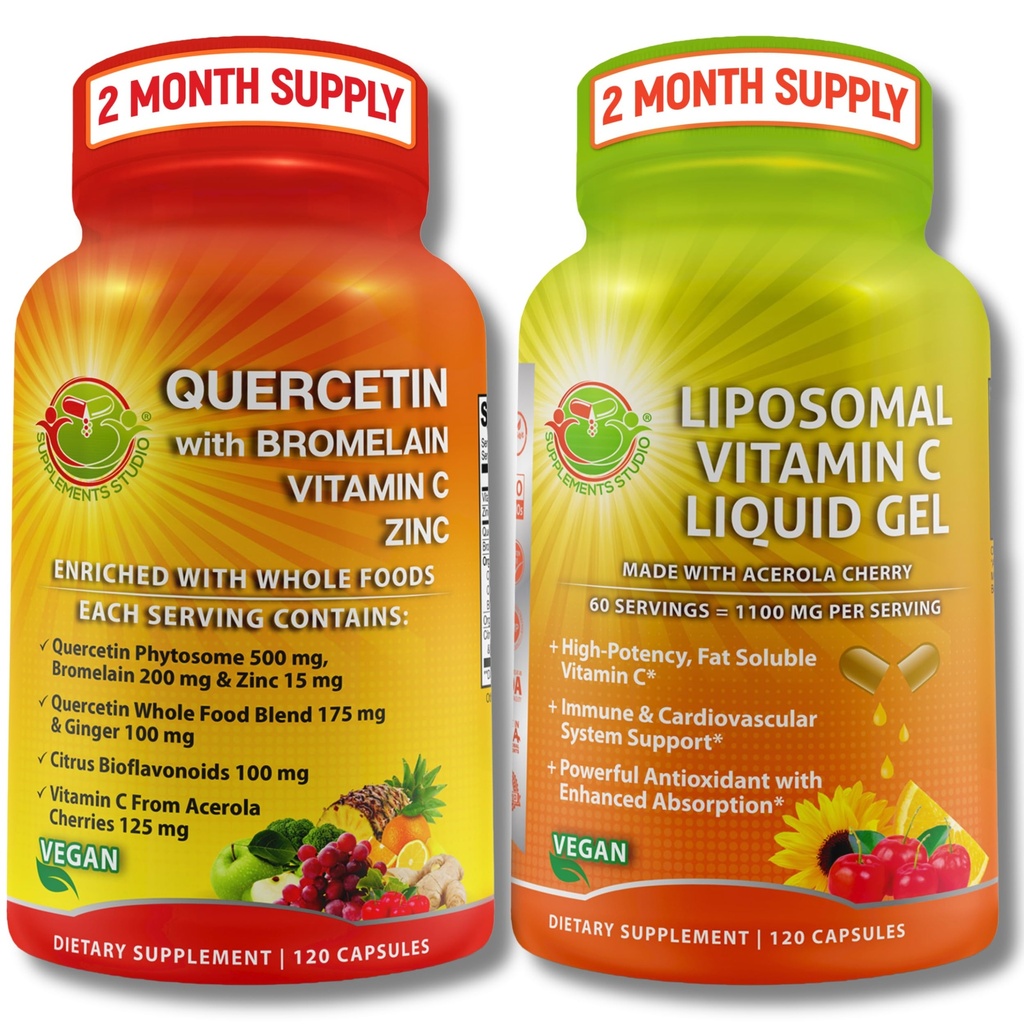 免疫支持包 - 与布罗梅兰,维生素C & Zinc + Liposomal Vitamin C 1100mg – 有机全食 Blend & Acerola Cherry – 抗氧化剂,呼吸和心血管支持