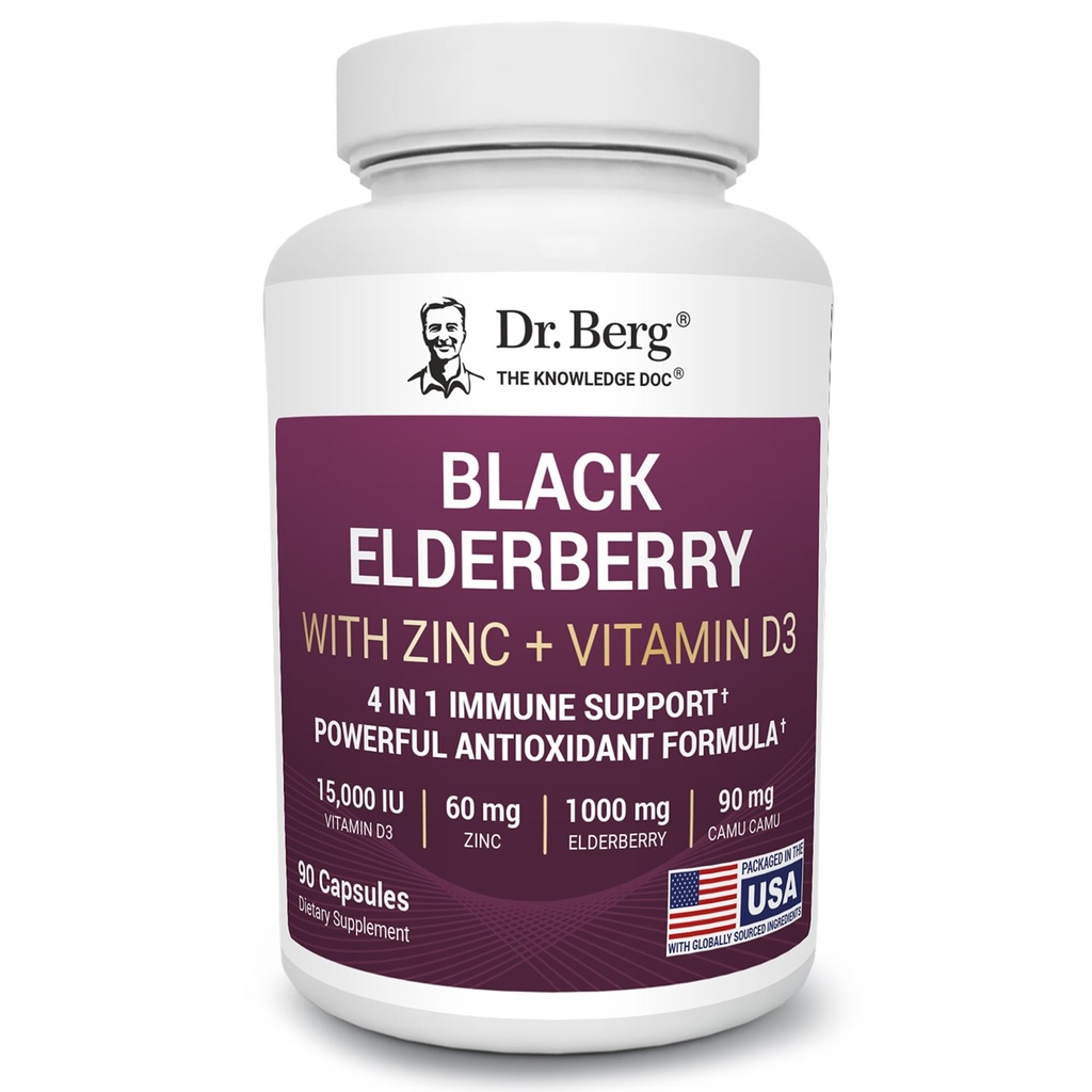 Berg Black Elderberry Capsules博士(高级免疫支持*),有15 000IU维生素D,60毫克锌,90毫克Camu Camu - (4-in-1) Sambucus Elderberry Imune支持补充剂 - 90 Capsules