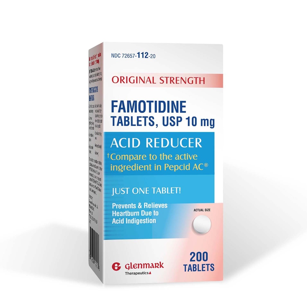 Glenmark 治疗方法 原强性 Famotidine 药片, 10 mg, 减酸剂用于心脏灼伤救济, 200 Counter