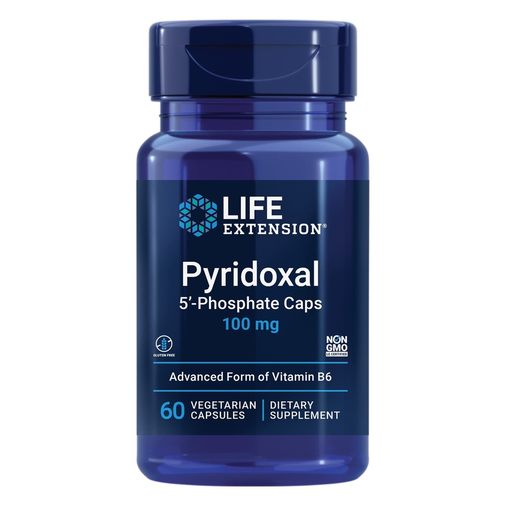 生命延展 Pyridoxal 5'- Phosphate Caps - 维生素B6, 100 mg, 心血管、肾脏和神经健康生物活性B6 - 无葡萄糖、非GMO、蔬菜 - 60 蔬菜Capsules