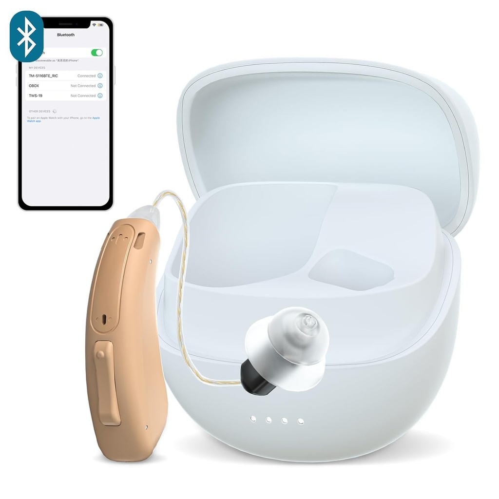 RIC 老年人单一听力援助,CUSTOM FIT Digital-Tinnitus Masking Premium 听力援助成人解决方案,Nearly Invisible Bluetooth Call 启用,Auto-On,1pc左侧