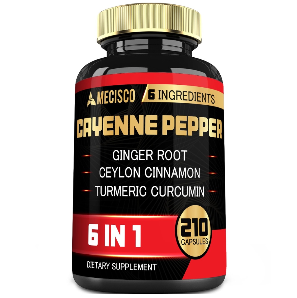 6in1 Cayenne Pepper 抽取带有机曲霉素根,黑胡椒,以及更多-支持文摘系统,心脏健康,豁免功能 - 210 Capsules