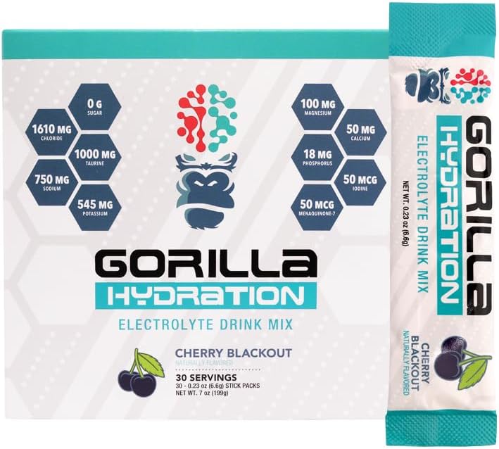Gorilla Mind Hydrition Packets - 3,073mg Electrolytes on the Go Entertainent drink Mix for February Repution - 零糖,自然甜美和快餐友好 - 30 Counter (Cherry Blackout) (英语).