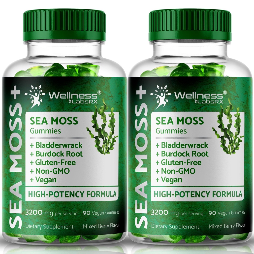 WELLNESS LABSRX Sea Moss Gummies, 3200mg Irish Sea Moss Mixed Berry Flavor with Maximum Potency Bladderwrack and Burdock Root - Supports Skin, Energy and Immunity - 180 Count