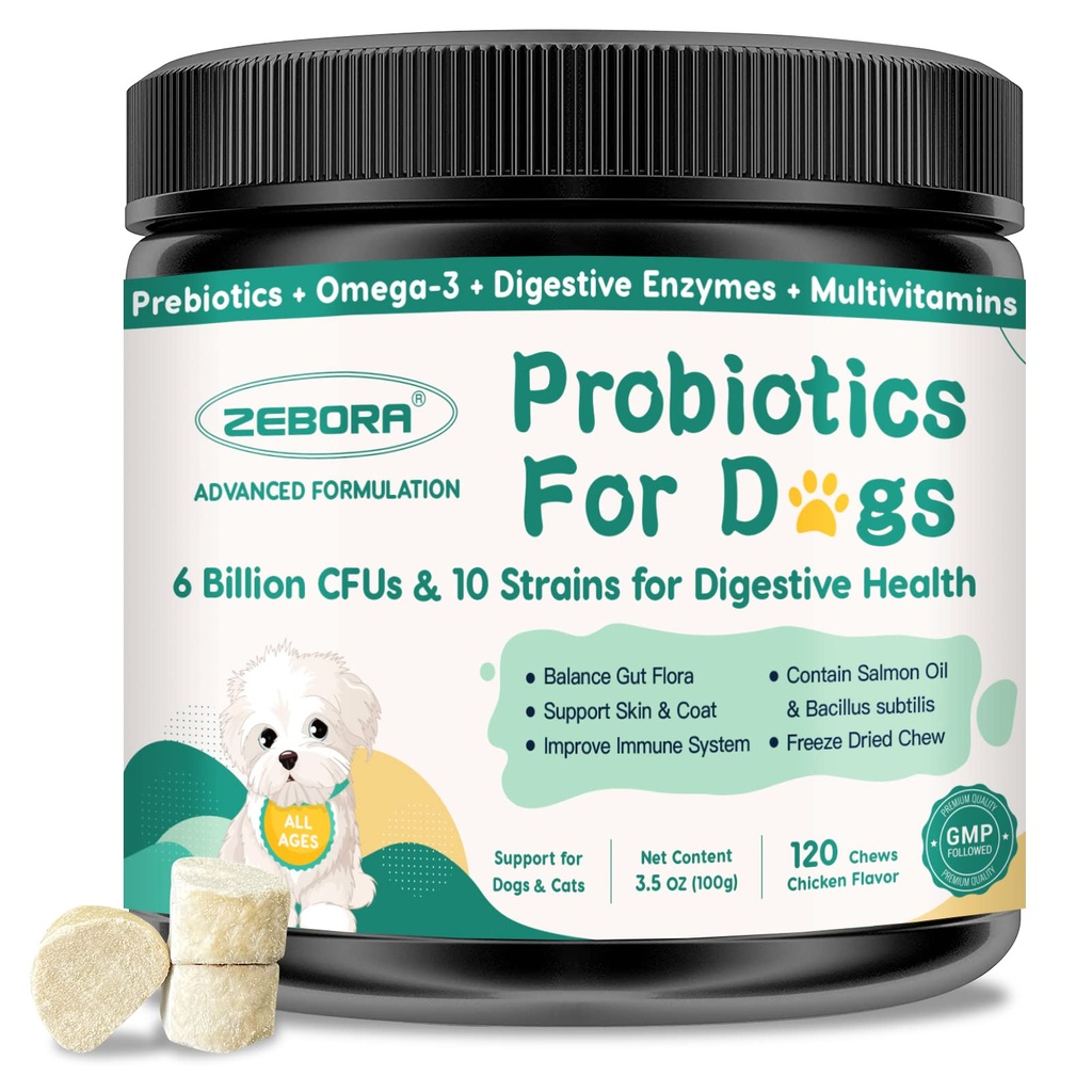 养犬消化保健、养犬消化和消化酶、预生、Omega-3 & 6和养犬维生素、6亿个古特保健和免疫支持综合药物、120个Chews