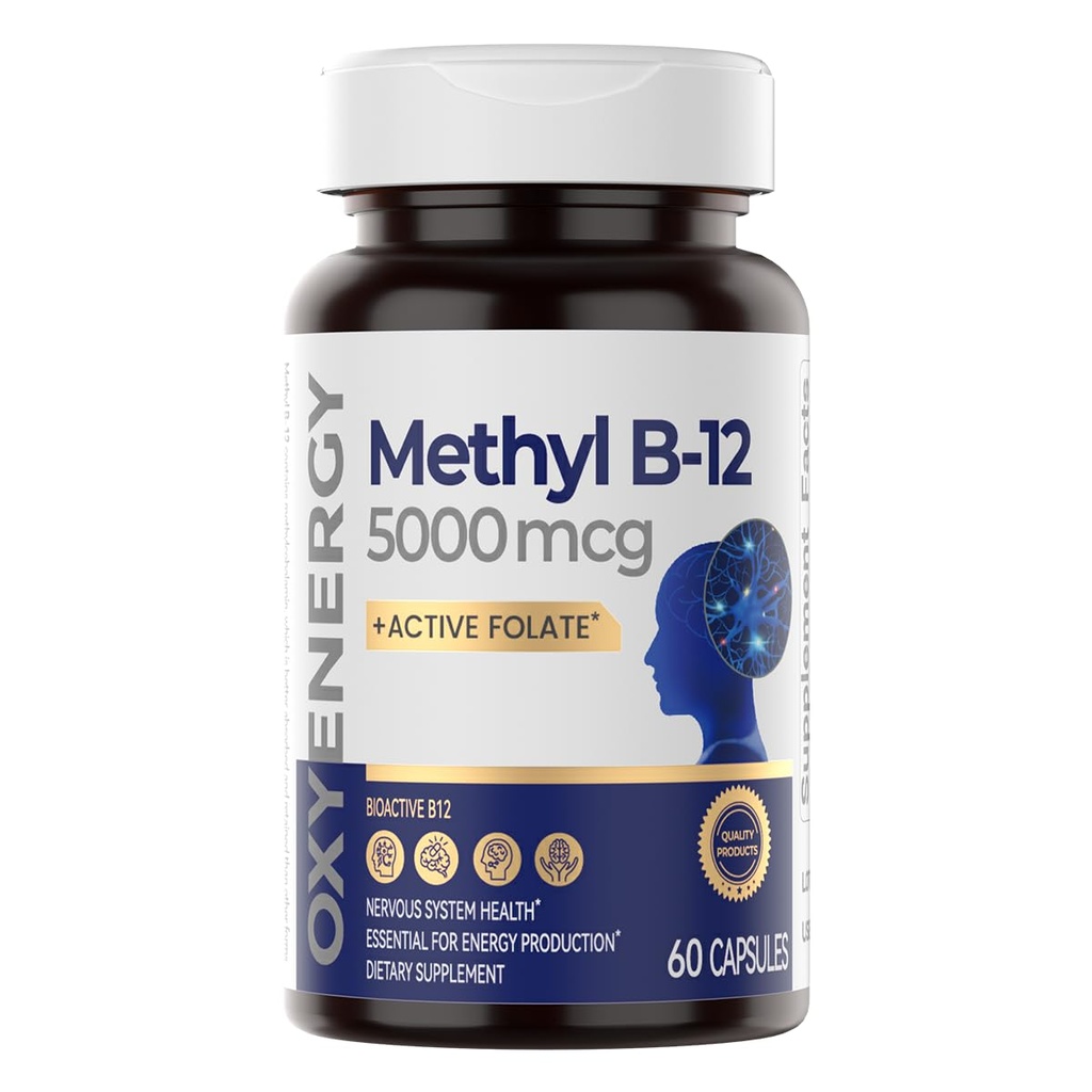 氧化能源 甲基维生素 B12 5000mcg, 特强 甲基Cobalamin B-12 配有福拉特, 支持神经, 能量代谢和认知, 60 Capsules