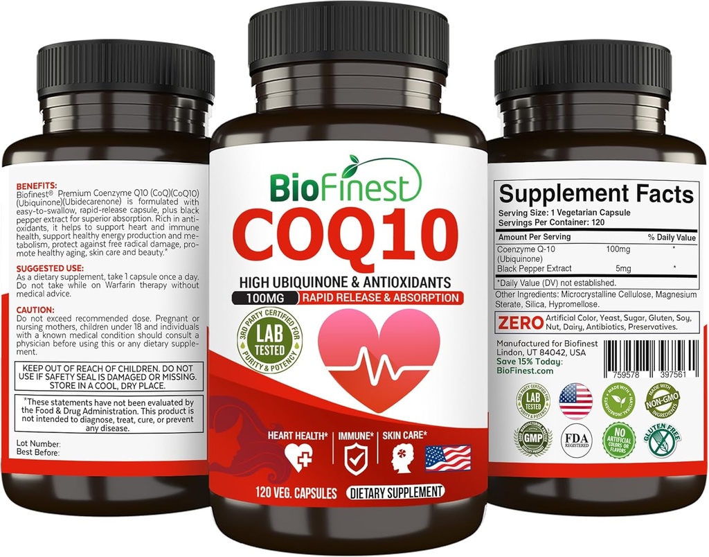 BioFinest CoQ10 Coenzyme Q10 100mg 补充剂 - 快速释放快速吸收 - 免疫心能抗氧化剂(120盖)