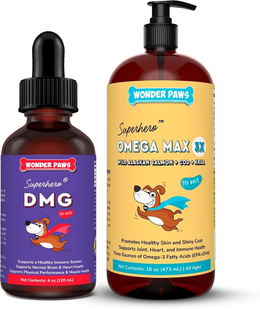 WONDER PAWS PAWS PREMIUMD MG Liquid Plus Omega Max Fish Oil - 用于狗的免疫支持,皮肤,过敏,联合护理和整体健康 - DMG 4 Ounces - Omega Max 16 Ounces
