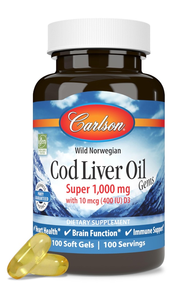 Carlson - Cod Liver Oil, Super 1000 mg + 维生素A & D3, 野挪威语, 可持续来源, 100 软胶