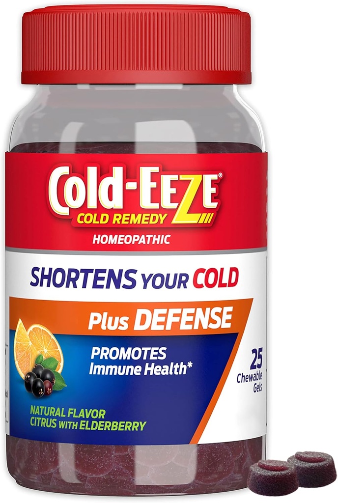 Cold-EEZE Plus Defense Natural Citrus & Elderberry Zinc Chewable Gels, 霍马病冷症治疗法, 短期常见的冷症症状, 与 Sambucus Nigra, Echinacea & Rose Hips, 25 Ct.