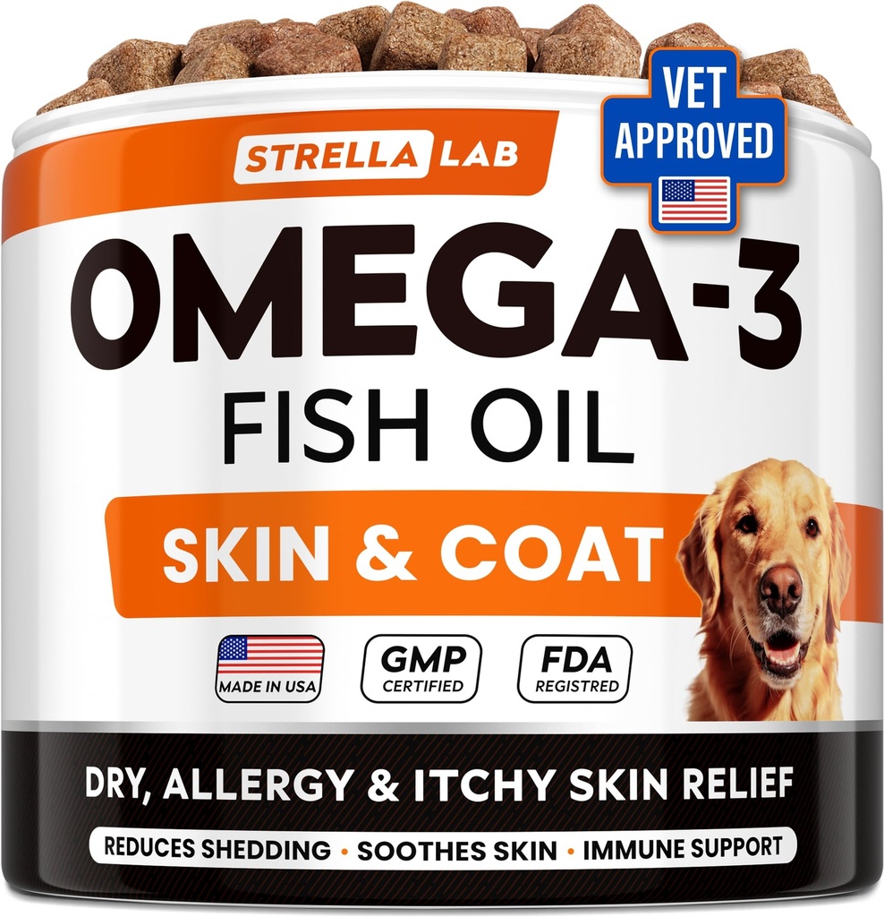 StrellaLab Omega 3 for Dogs - (180Ct) 鱼油处理 - 过敏和Itch Relief 皮肤和煤炭补充 - 干痒皮肤,抗 Shedding & Hot Spots 处理 - 宠物沙门 油炸 - 鸡肉