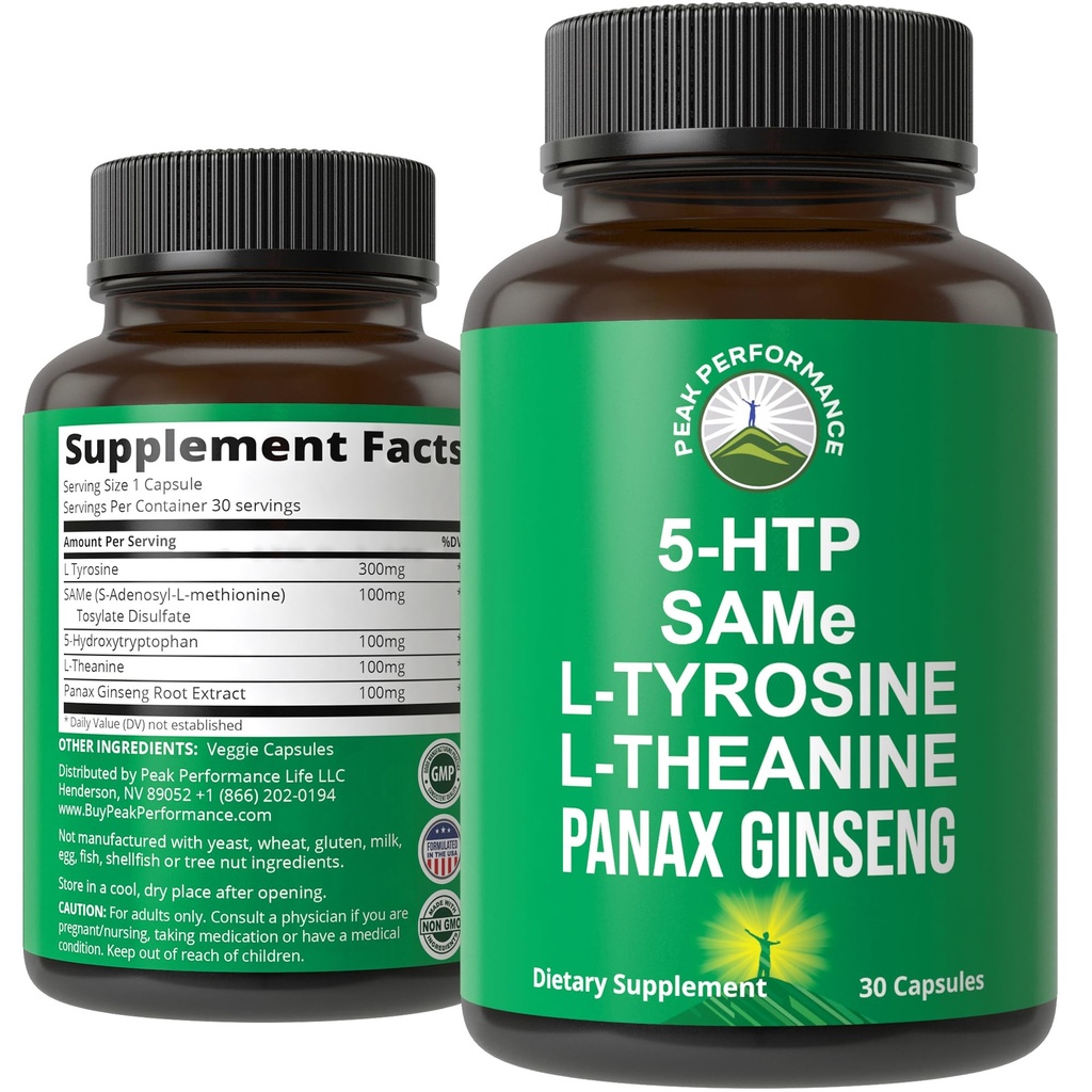 峰性能Mood支持补编,配有5个顶级成份:5HTP,SAM e,L Tyrosine,L Theanine,和Panax Ginseng. 冷静,专注,放松补充。 维冈