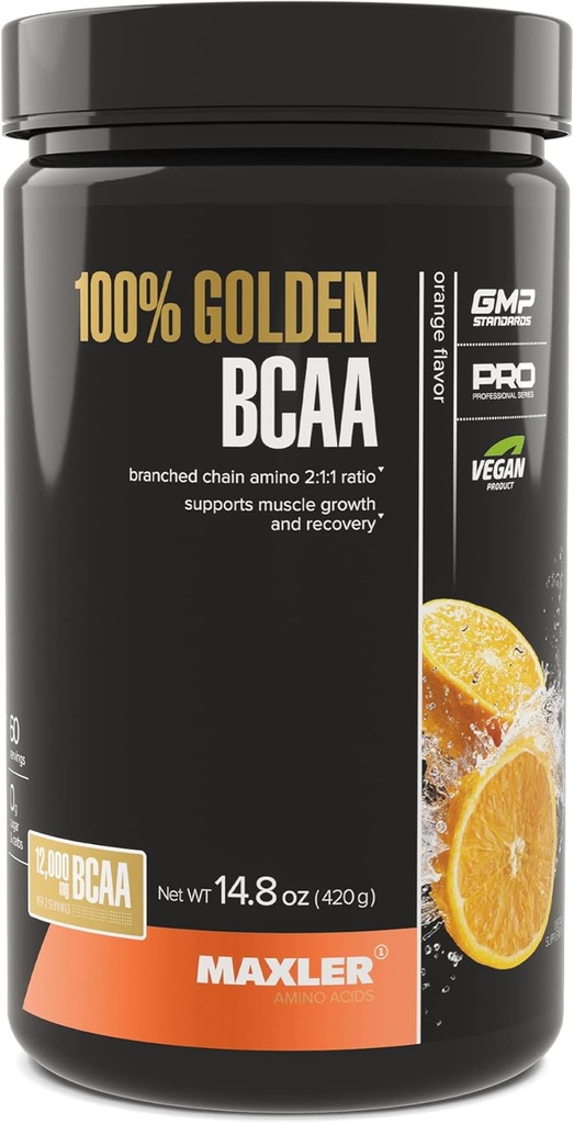 Maxler 100% 金色 BCAA 粉末 - 用于加速肌肉恢复和精液生长的室内和工作后恢复饮料 - 6 g Vegan BCAs 氨基酸 - 60 services - 橙色