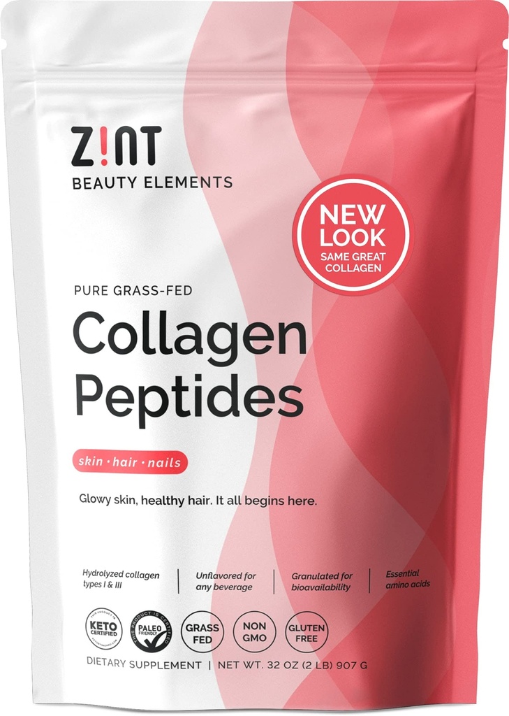 Zint Collagen Peptides Powder (32 oz) → 草叶、水解I型和III型 → 支持皮肤、毛发、联合和古特健康 → 在关键氨基酸中富 → rien Paleo-Friendly、Keto、N-GMO、Unflavored