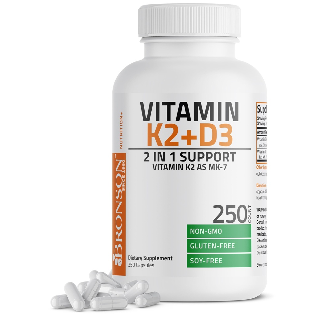 Bronson Vitamin K2(MK7),配有 D3 补充 Non-GMO 公式 5000 IU Vitamin D3 & 90 mcg K2 MK-7 容易吞咽 D & K Complex, 250 Capsules