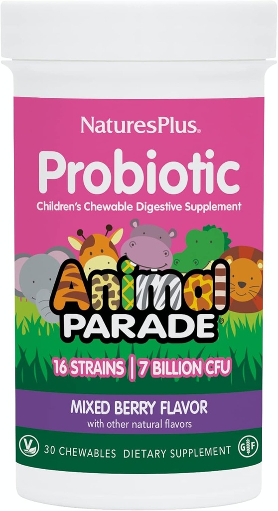 NaturesPlus 动物游行 Probiode,混合莓 - 30 Chewables - 儿童文摘增刊 - 支持Gut Health & Immune功能 - Vegan, Gluten Free - 30 services