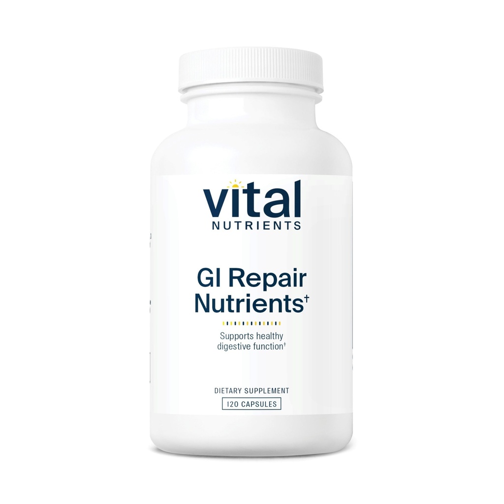 重要营养素 GI 修复营养素 → 含L Glutamine 和 N-Acetyl → 消化酶 支持 Gut 健康和消化 → Gluten 和 乳品自由 → 120 Capsules