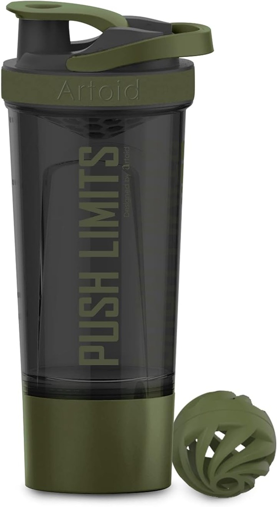 Artoid Sports Protein Shaker Bottle, 24 Ounce, 双重混合技术, BPA 自由, 黑色/摩斯绿色