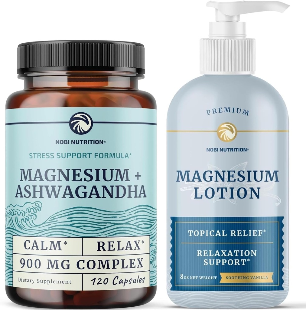 诺比营养镁 Lotion and Magnesium Ashwagandha Supplement QQ 全身镁支持身体和心智 8 Fl Oz 专题镁+ 2个月供应镁复合药