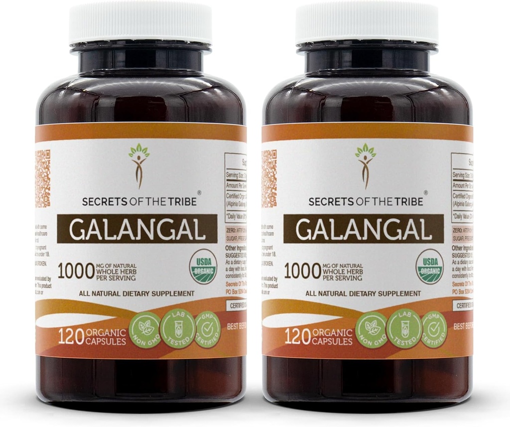 Galangal USDA组织的秘密 120 Capsules(2 pcs.) * * * 与蔬菜Capsules和认证有机Galangal(Alpinia Galangal) 干根(2x120 Capsules)一起制作