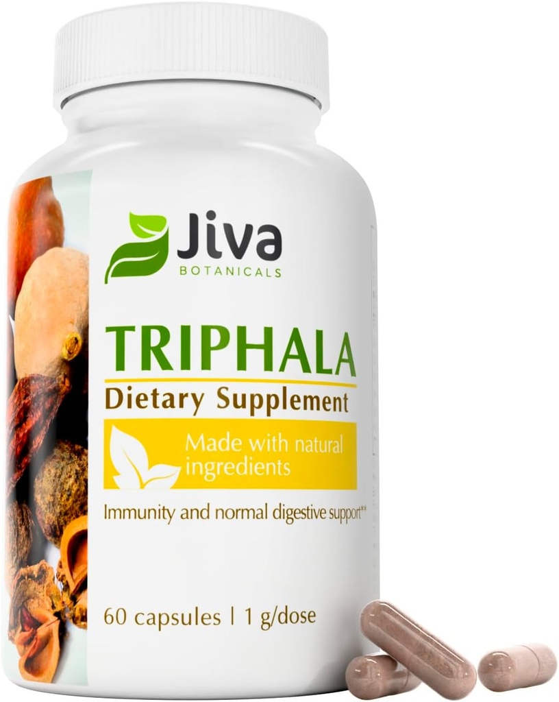 Jiva 植物学 Triphala 补编 - Triphala Capsules 配有 Amalaki, Bibhitaki 和 Haritaki Power 用于正常消化健康和正常免疫系统 - 60 Capsules