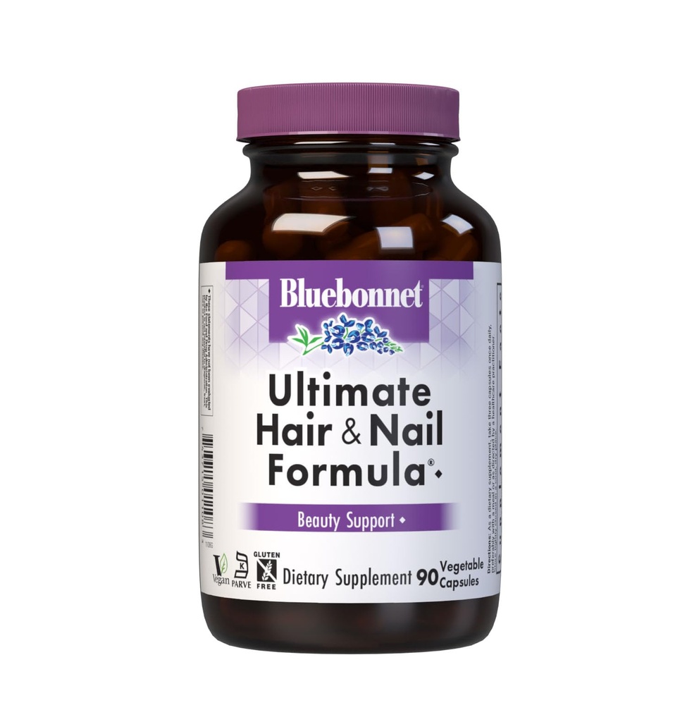 BlueBonnet Nutrition Ultimate Hair and Nail Formula, Vitamins, Minerals, Specialty Nutrients for Beauty Within, Gluten-Free, Kosher-Certified, Dairy-Free, Vegan, 90 Vegetable Capsules, 30 Servings, White