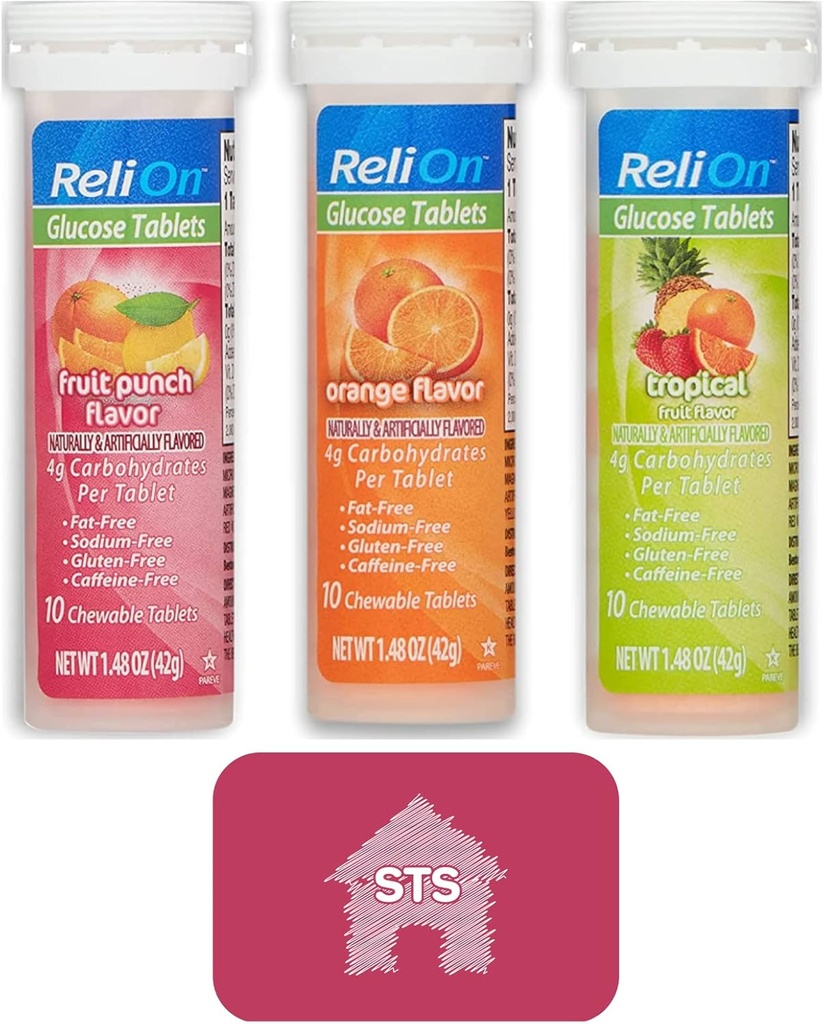 Relion葡萄糖片(混合火焰)橙色、热带和水果冲刺-共计30片+STS粘贴剂。