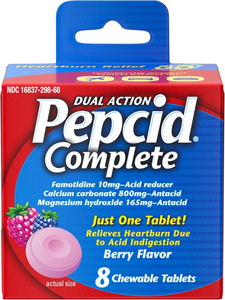Pepcid 完全酸还原剂+酸性还原剂,10mg Famotidine,800mg碳酸钙和165mg 氢氧化镁 每心脏灼伤药片, Antacid Chews, Berry, 8 cm