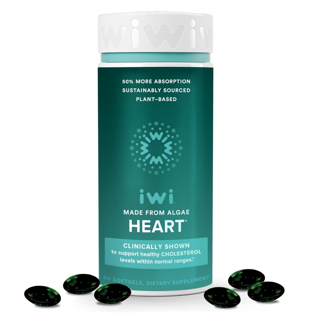 Iwi Life Heart Omega-3, 60 Softgels (30 services), Vegan 植物型藻类 Omega Fatty Acids + EPA, 心脏健康支持膳食补充剂, Krill 和鱼油替代品, 无鱼味余味