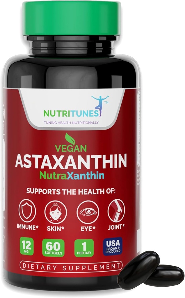 Astaxanthin 12mg Vegan Softgels – 皮肤、眼和免疫支持的高潜在抗氧化剂 – 非GMO,无胶、大豆、乳糖和BSE,60 Vegan Softgels, 2-Month供应