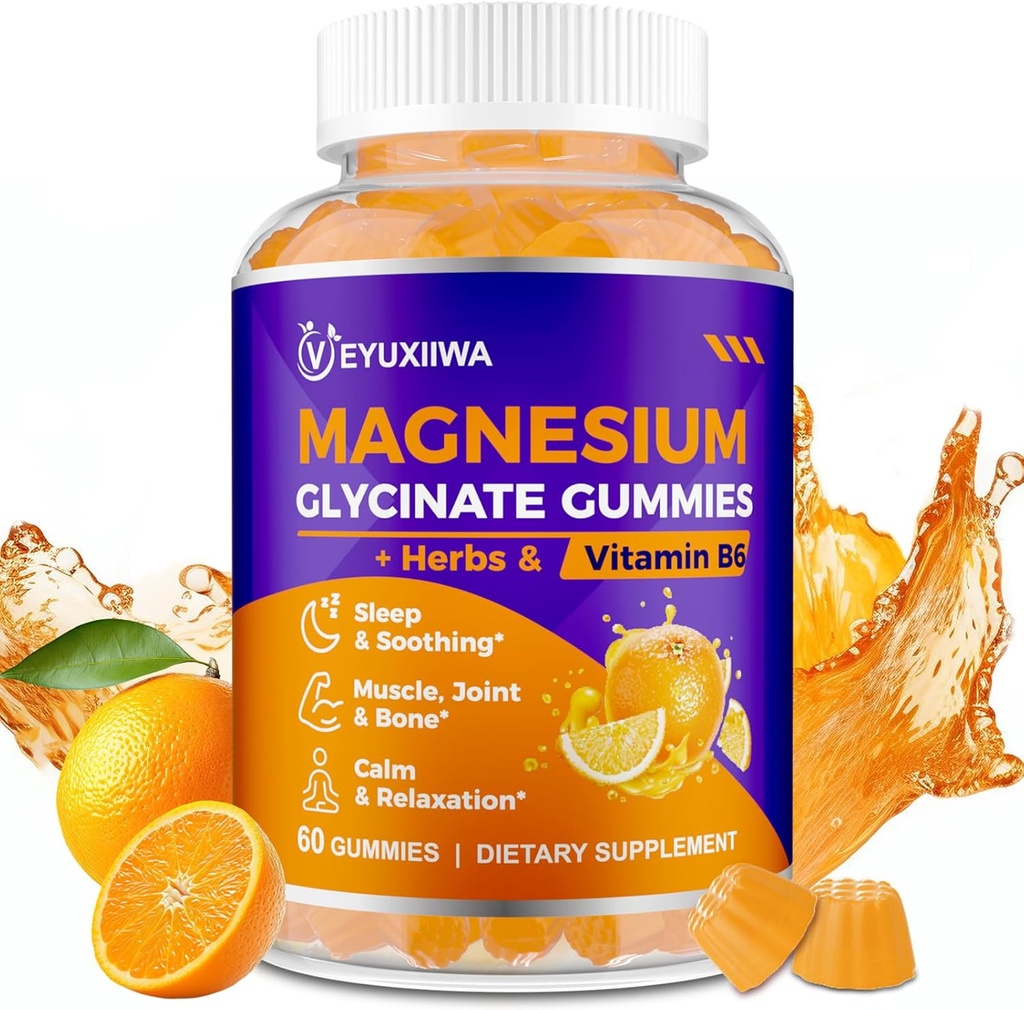 Glycinate Gummys 2000mg, 含L-Threonate镁的成年人用镁Gummys, 肌肉和骨头用Ashwagandha & B6, 放松和能源用镁L-Threonate Gummys, Vegan - 60 Counter