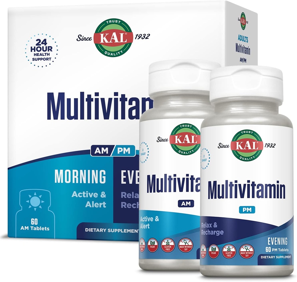 KAL Multivitamin AM/PM, 2-in-1 女性和男性多种维他命补充品, Turmeric, Tart Cherry, Organic Matcha and Spiruina for Imune, and Cellulular Support, Gluten Free, 30 services, 120 片