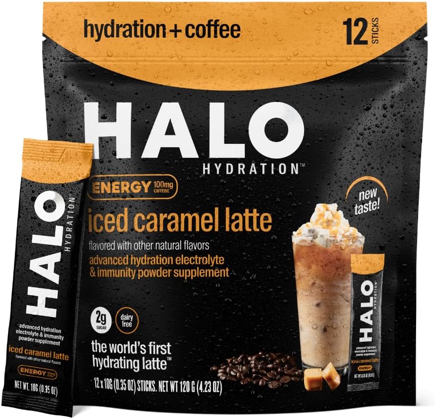 HALO Iced Caramel Latte - 能量饮用粉末 - 健康咖啡混合物 与电解质,咖啡因,维生素和矿物水分 - 20卡路里 - Keto和低卡路里 - 1x12棒