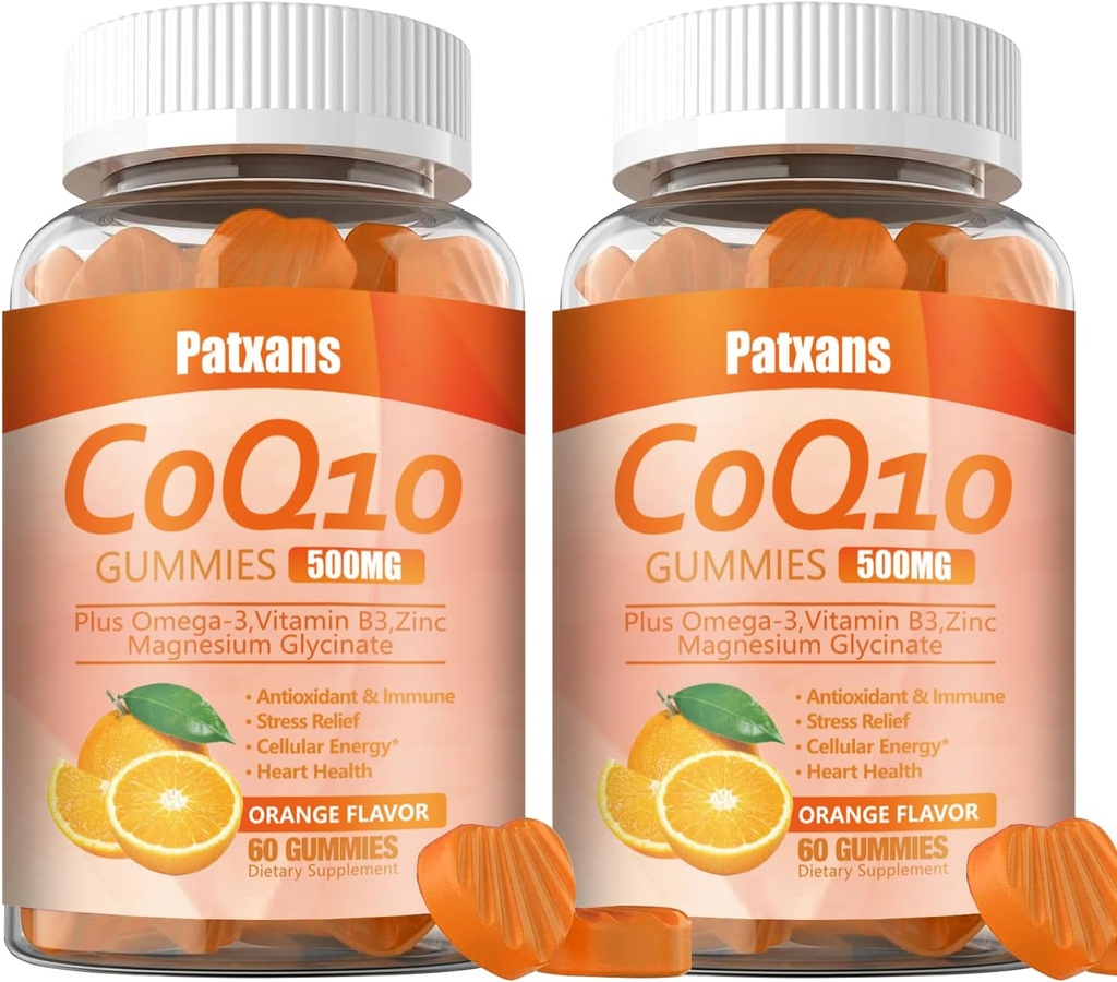 2 Packs 500MG CoQ10 补充Gummys,Omega-3,镁,维生素B3,锌,超高吸收为心脏,细胞能和抗氧化剂提供健康支持,120Ct.
