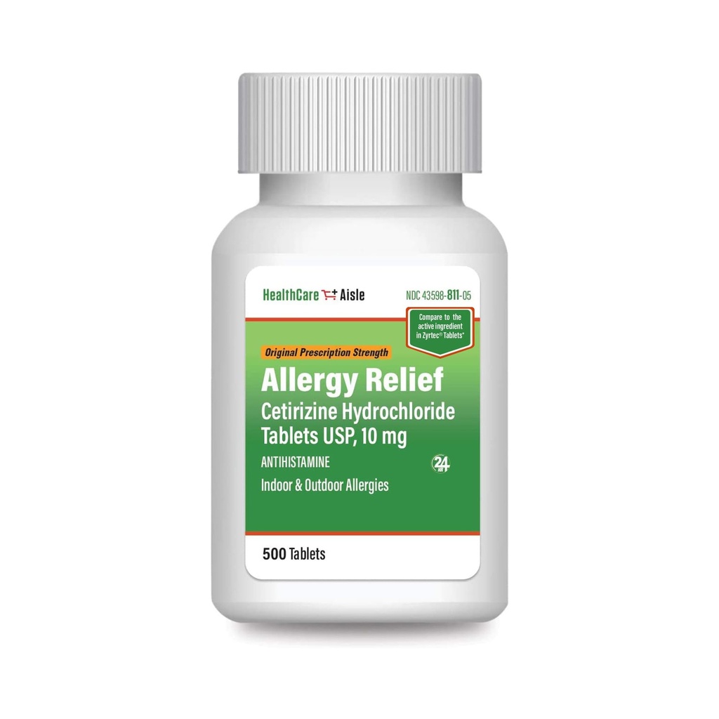 HealthCareAisle Allergy Relief - Cetirizine Hydrochloride Tablets USP, 10 mg - 500 Tablets - Original Prescription Strength Allergy Medication, 24-Hour Relief