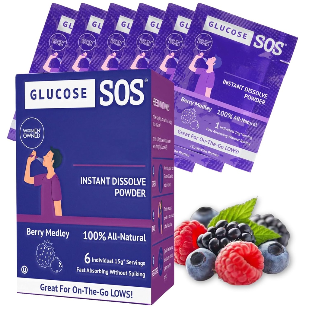 Glucose SOS Glucose Berry Medley Glucose Powder, 天然脱脂包装, 快速吸附, 即时溶解, 不需要水, 每盒6个 Sachets