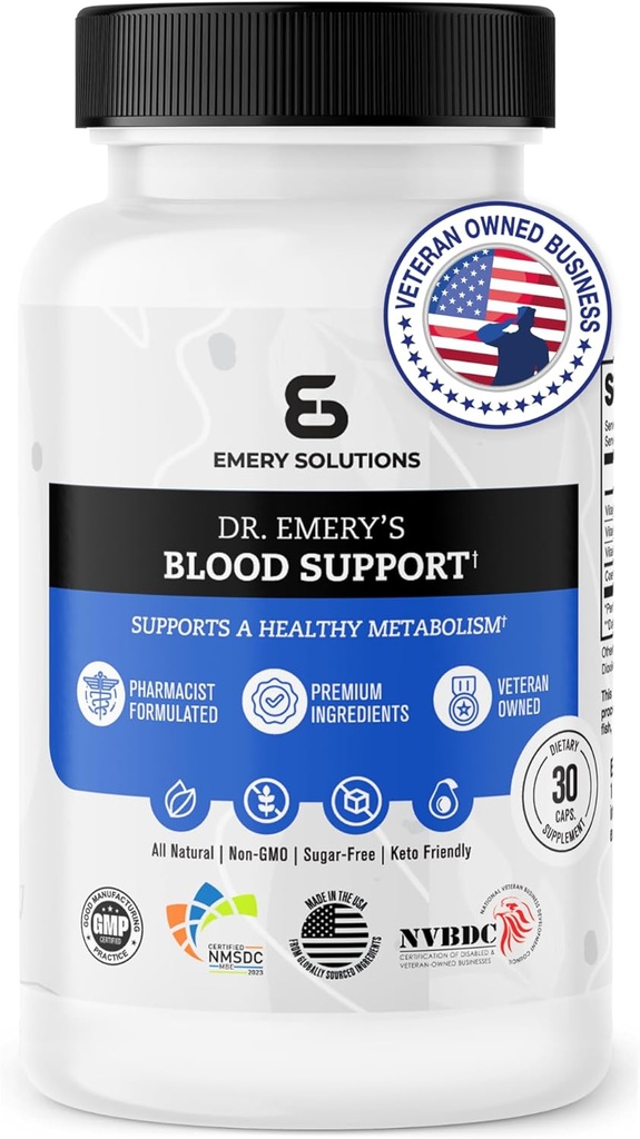 Dr. Emery’s Blood Support - Replenishes Vital Nutrients, CoQ10, B6, B9, B12 Vitamins, Non GMO, All Natural, Keto Friendly - 30 Capsules