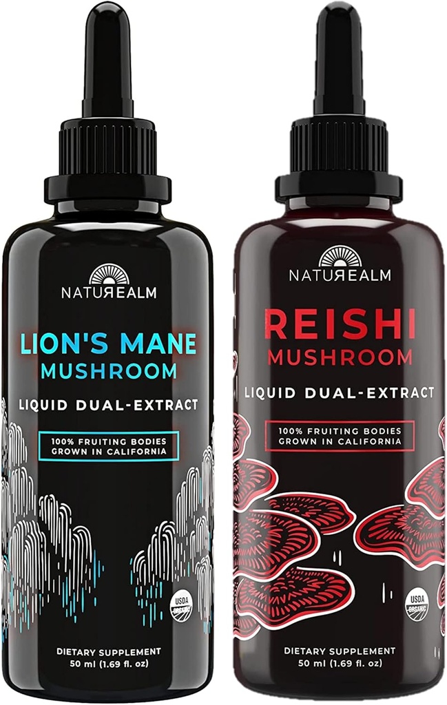 Natalm Reishi & Lion的马恩蘑菇提取器 - 适应原物堆积物,用于聚焦、豁免、长寿、古特健康、抗衰老、能源和更多 -- 有机液体滴积 -- -- 每桶50毫升(2包)