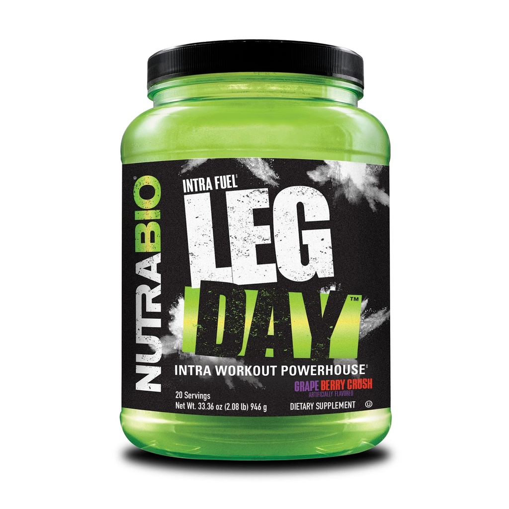 NutraBio Leg Day Intra Workout Powder – 配有集群Dextrin & Electrolytes的高级卡布补充剂 – 配有EAAs/BCAs的卡布粉 – Cyclic Dextrin 用于性能 – Grape Berry, 20 services