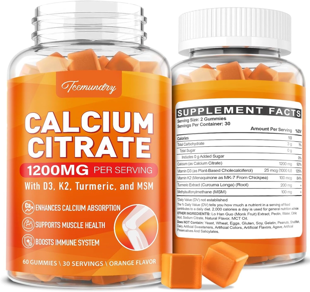1200 mg的钙与维生素D3 补充给成年人的Gummys: Ultimate 吸收钙与维生素D3 K2, Turmeric Excert, MSM for Men Men