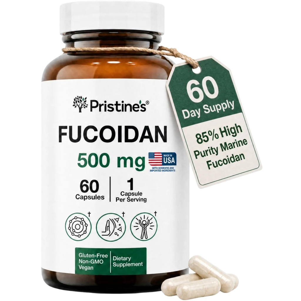 PRISTINE的Fucoidan 500MG豁免补充Capsules - 60天供应 - 棕海藻提取 - 草药抗氧化剂肺部和皮肤健康支持