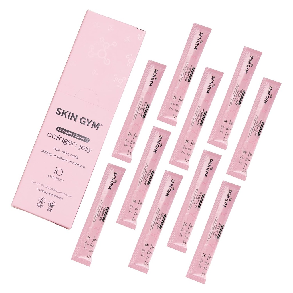 Skin Gym Collagen Jelly 10 Pack, Marine Collagen, 维生素C & Hyaluronic Acid, 头发的每日美容补充品, 皮肤和钉子, 草莓 Flavor, 10 Pack