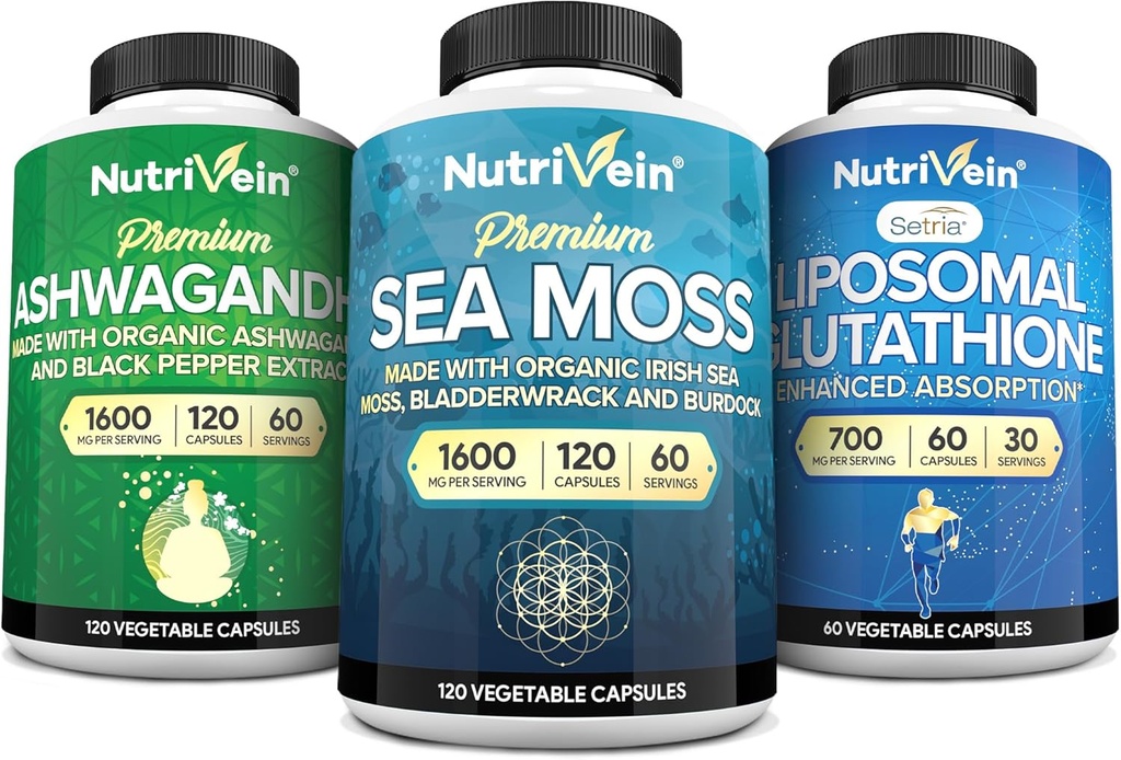 营养素 Premium 爱尔兰海 Moss Cassules, Ashwagandha, 和 Liposomal Glutathione 补充剂:海 Moss, 减少 Glutathione, & Ashwagandha 豁免补充剂 Mood, 文摘, 和解毒