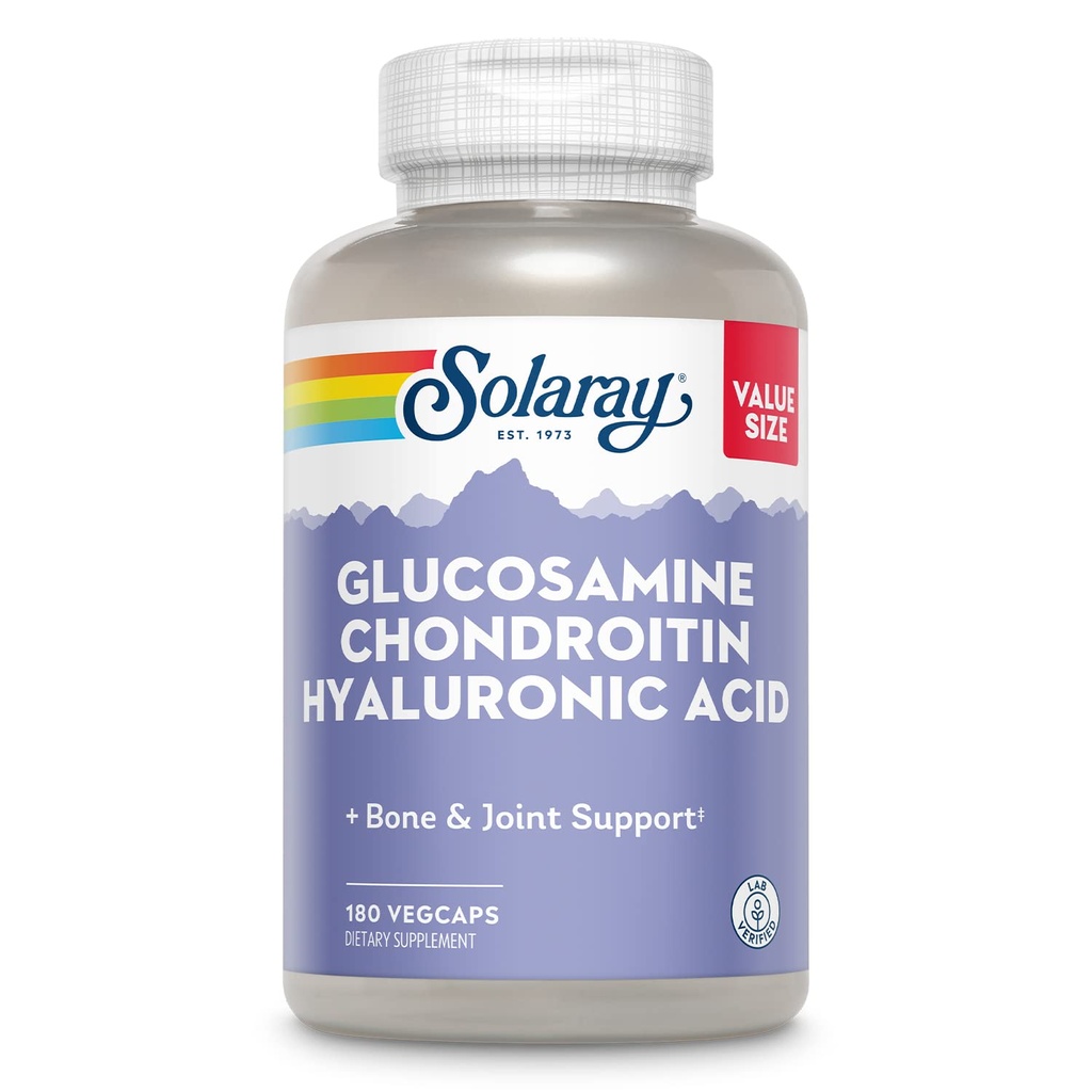 SOLARAY Glucosamine Chondroitin Hyaluronic酸、健康骨骼和联合支助补充剂+强化吸收维生素C、实验室验证、60天保障、60种服务、180种蔬菜