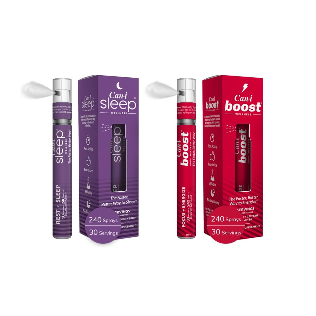 Can-i Wellness Fast-acting Operal Spray Bundle - 与梅拉托宁和GABA合作的自然睡眠补充,与B12合作的每日能源支持,Ubiquinol和Cafeine – Vegan公式,便携式,旅行友好喷洒