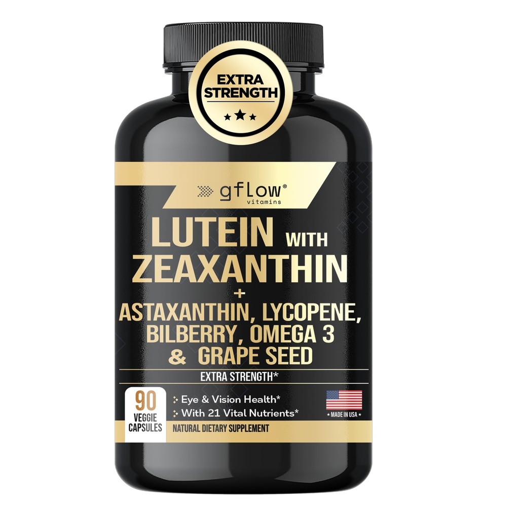Lutein和Zeaxanthin补充品 - 高级眼维生素与Astaxanthin, Omega 3,Resveratrol, Bilberry, Lycopene, Quercetin, Ginkgo Biloba, 维生素D QQ健康愿景 - 在美国制作